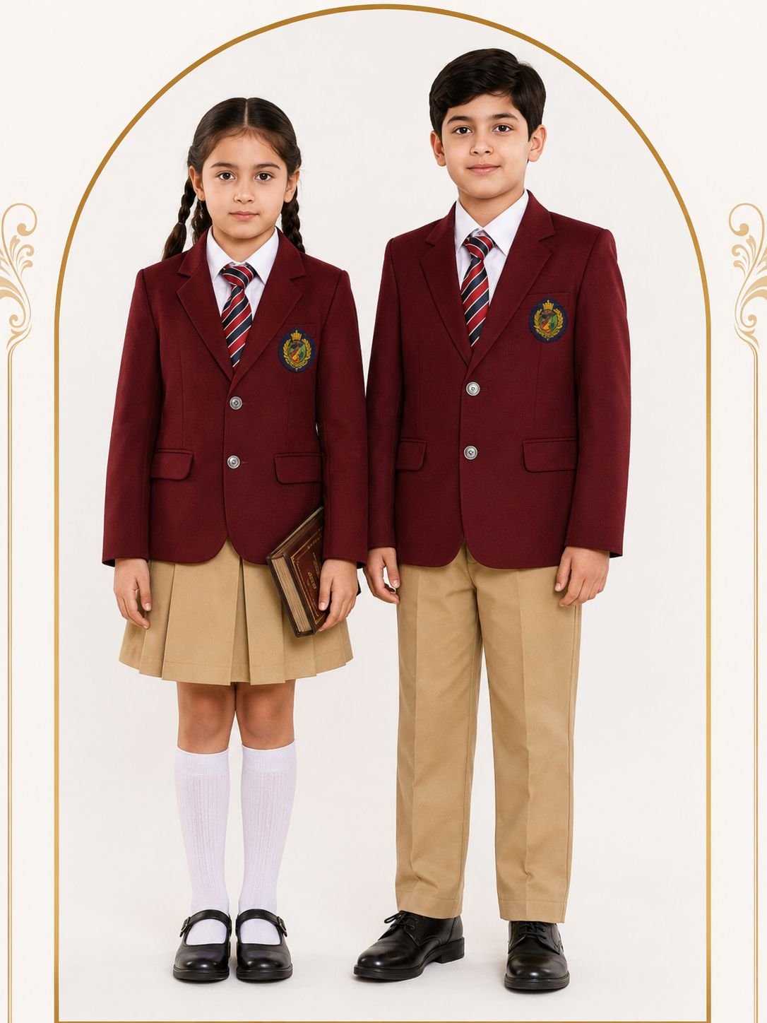Srujana Vidyalaya school uniform — maroon blazer with crest, khaki trousers, and navy-and-red striped tie